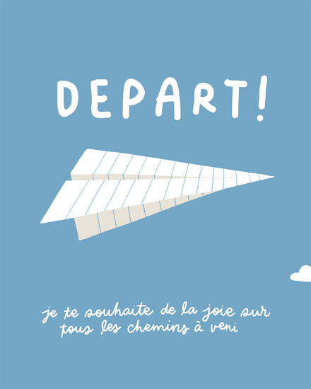 Blue card with a paper airplane and French farewell text.