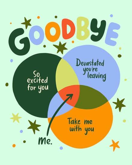 Colorful “GOODBYE” design with Venn circles and funny leaving messages on mint background