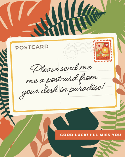 farewell postcard from desk in paradise leafs  stamp