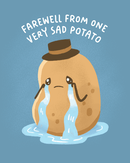 Cartoon potato with tears and a hat on a blue background.