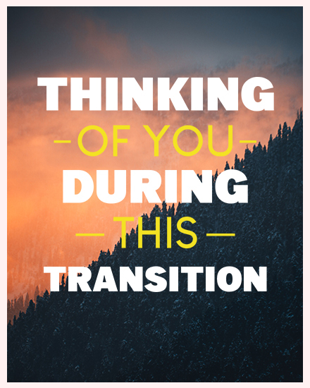 Bold white and yellow text over sunset mountain forest photo, supportive transition message