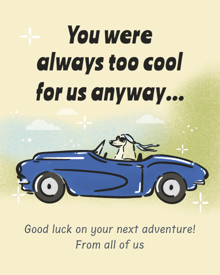 Funny leaving message above blue convertible with dog driver on pastel background