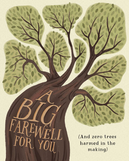 Whimsical illustrated tree with green leaves and text “A Big Farewell For You”
