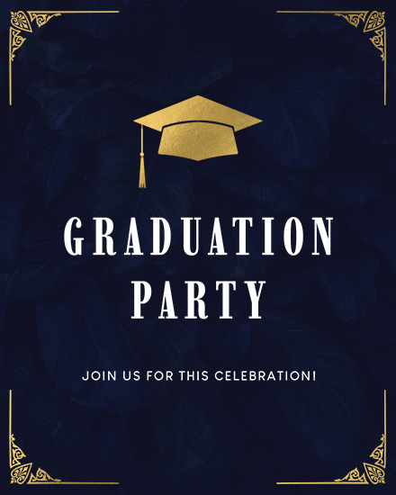 Dark-themed graduation card with gold cap icon and ornate corners.