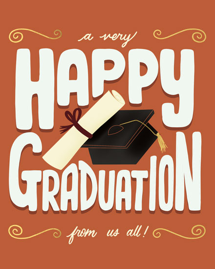 Colorful text with a graduation cap and diploma illustration on a warm background.