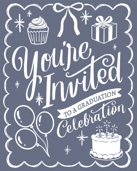 Chalkboard-style card with balloons, gift, cupcake, cake, and 'You're Invited' text.