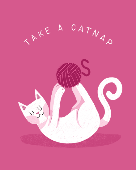 Pink illustration of white cat holding yarn ball with text “TAKE A CATNAP”