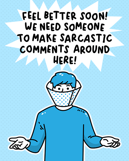 Illustration of a cartoon character in blue with a large face mask, playful text.