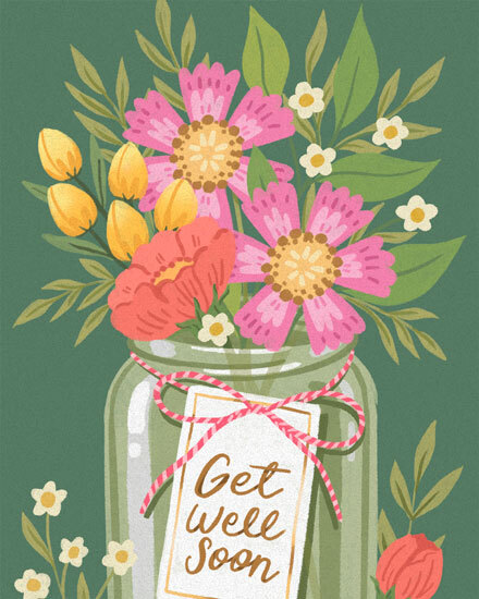 Illustrated mason jar bouquet with pink flowers and tag reading Get Well Soon