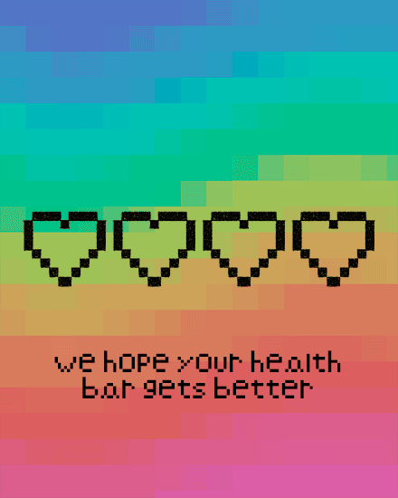 Colorful gradient background with four pixelated hearts and playful health-themed text.