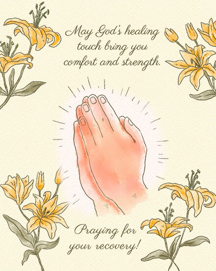 Illustration of praying hands surrounded by yellow lilies with a comforting message.
