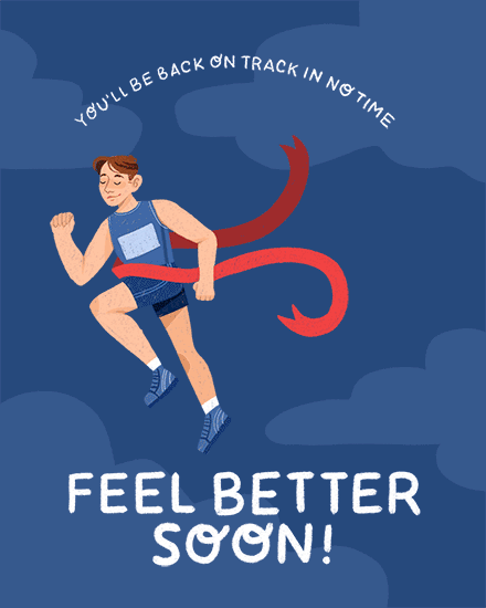 Illustrated runner breaking red finish ribbon on blue background with Feel Better Soon text