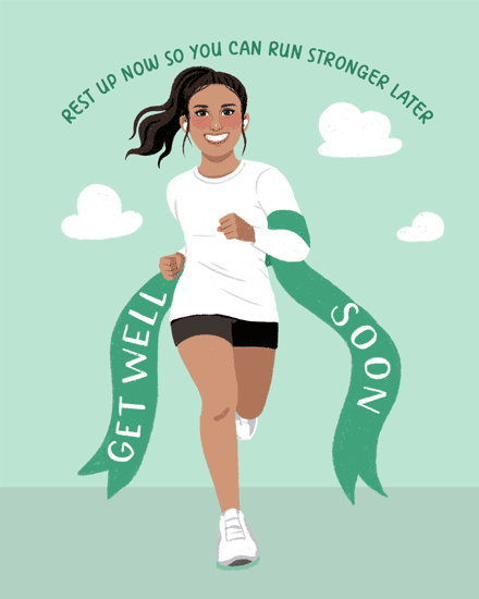 Illustrated runner with green ribbon reading “Get Well Soon” on mint sky background