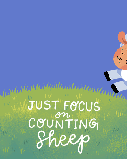 Blue sky above green hill with sheep illustration and “Just Focus on Counting Sheep” text