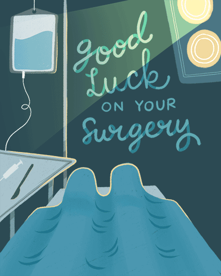Teal operating room illustration with IV bag, surgical lights, and text “Good Luck On Your Surgery”