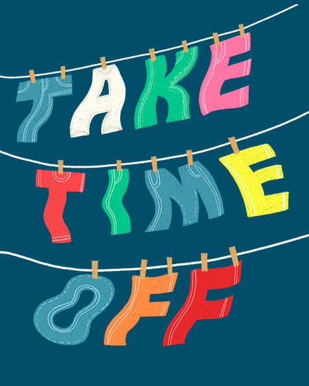 Colorful letters on clotheslines spelling 'Take Time Off' against a teal background.