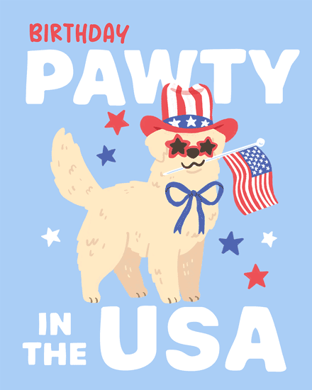 Patriotic alpaca with star sunglasses, top hat, US flag, and “Birthday Pawty in the USA” text