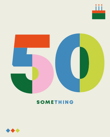 Minimalist design with large multicolor 50, small candle icon, and the word SOMETHING