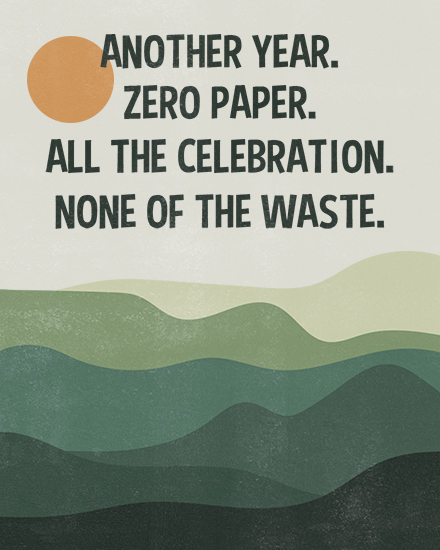 Bold black text above layered green hills and orange sun, minimalist eco celebration design