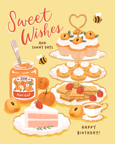 Sweet Wishes and Sunny Days dessert illustration with cupcakes, cake, apricot jam, bees, and Happy Birthday