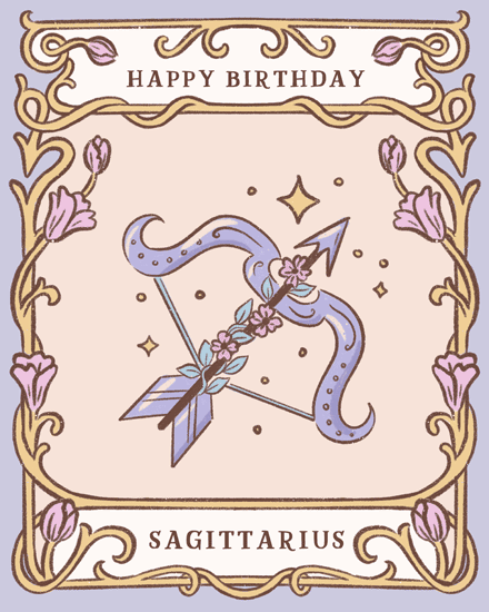 Pastel Sagittarius design with arrow, ribbon, flowers, stars, and ornate border reading Happy Birthday
