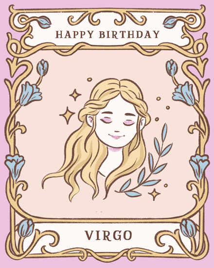 Art Nouveau frame with flowers, blonde portrait, “Happy Birthday” text, and “Virgo” label