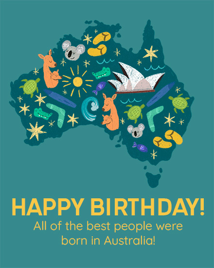 australia birthday card koala kangaroo crocodile turtle slippers boomerang stars straya oz down under oceania aussie