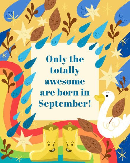 awesome september birthday card duck boots leaf rain star