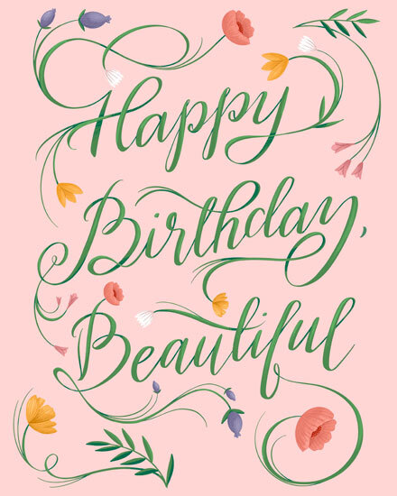 Elegant pink card with green script and floral accents.