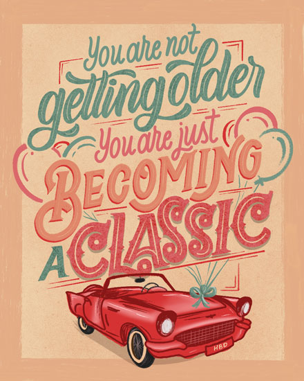 birthday card becoming a classic vintage car pun