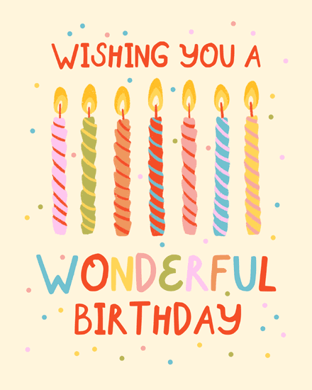 Hand-lettered birthday message with seven striped candles and colorful confetti on cream background