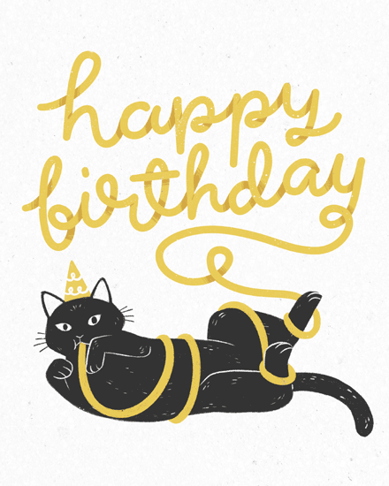 Happy birthday script above lounging black cat in party hat with gold ribbon
