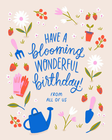 birthday blooming wonderful birthday watering can shovel pot berry