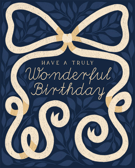 Navy floral background with large cream ribbon bow and “Have a Truly Wonderful Birthday” text