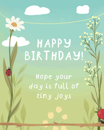 Pastel wildflower scene with clouds and insects, text: Happy Birthday, tiny joys