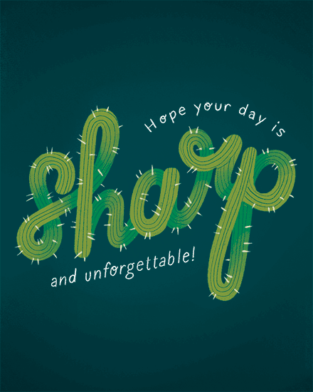 Green cactus-style script reading “Sharp” on teal background with playful pun message