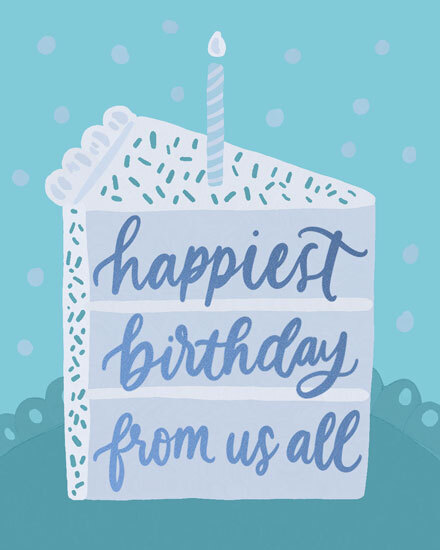Blue cake slice with candle and script text on teal polka dot background