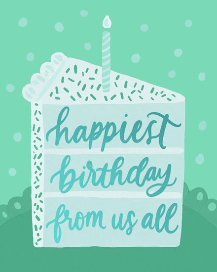 Mint green cake slice with candle and sprinkles, hand-lettered message on polka-dot background