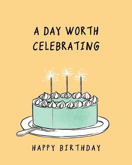Hand-drawn cake with sparkler candles on peach background, text A Day Worth Celebrating Happy Birthday