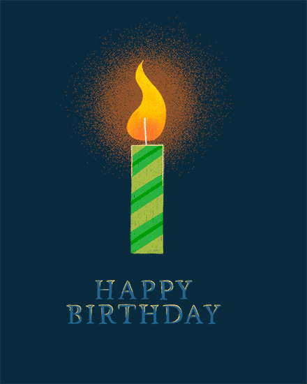 Single green striped candle with orange flame on navy background, Happy Birthday text below