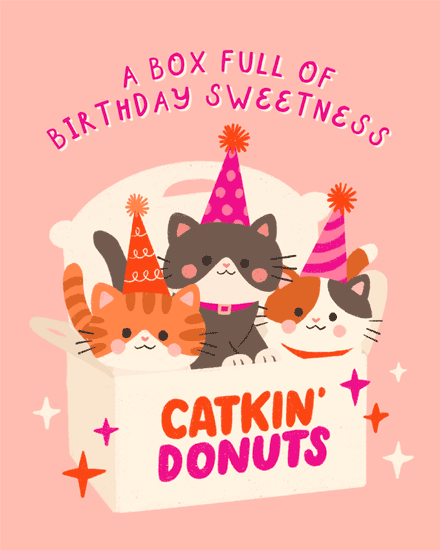 Three cartoon cats in party hats inside a box, pink background, playful pun text