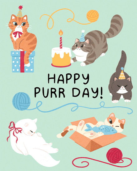 Illustrated cats with party hats, cake, yarn, and text: Happy Purr Day.