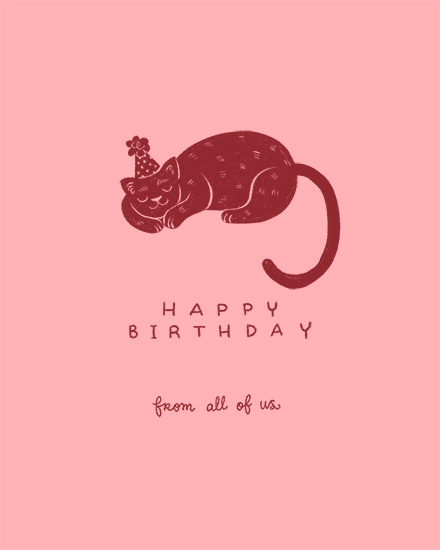 Blush pink greeting with sleeping cat in party hat and Happy Birthday text