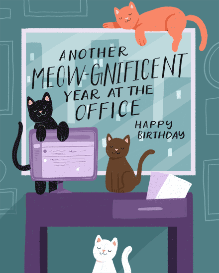 Cats around a desk with birthday message, playful office theme.
