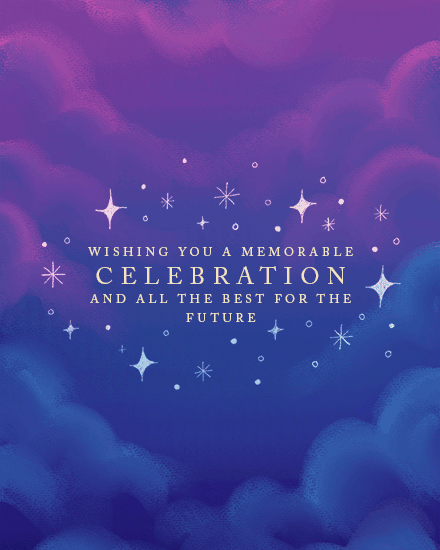 Purple and blue cloud background with stars and message about a memorable celebration