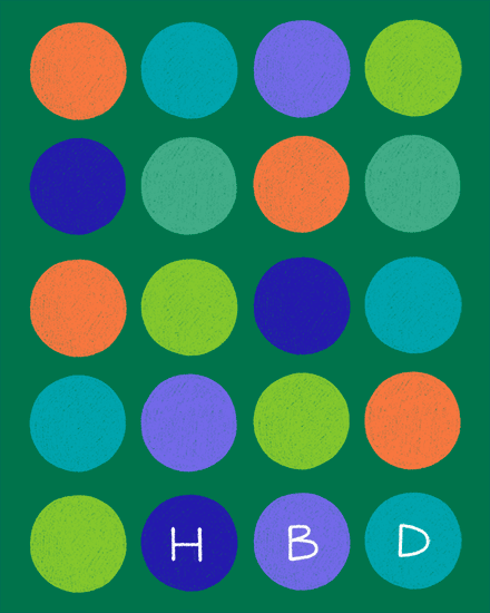 Green background with colorful polka dot grid and H B D letters in bottom circles