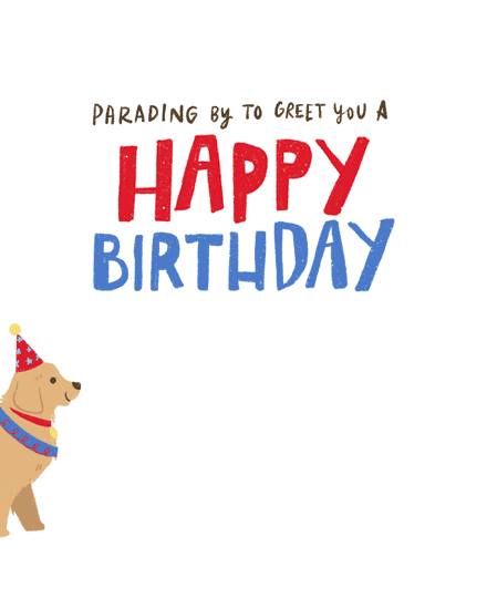 Hand-lettered red and blue Happy Birthday text with a small dog wearing a party hat
