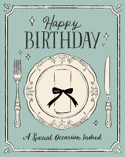 Vintage teal striped design with plate, ribboned napkin, fork and knife, and Happy Birthday text