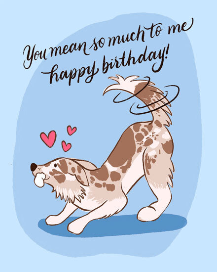 Cute dog with hearts and birthday message on blue background.