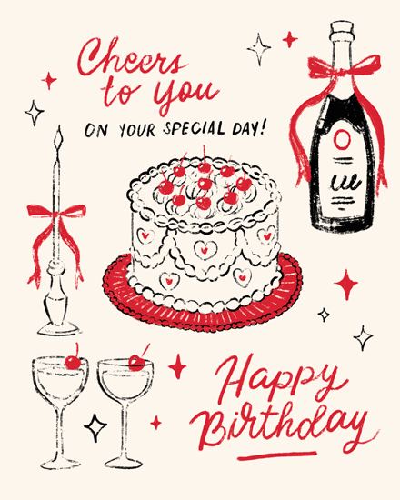 Red and black sketch cake, champagne bottle and glasses, candle, with Happy Birthday text